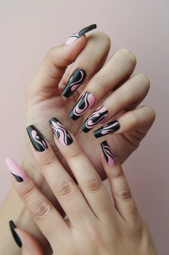 Abstract Art Black and Pink Coffin Nails