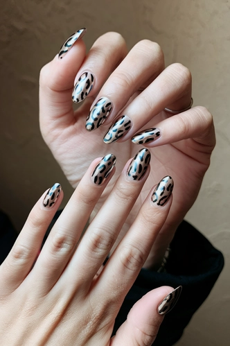 Animal Print Oval Nails with Chrome Finish