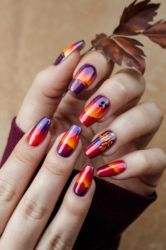 Autumn Sunset Chrome Coffin Nails