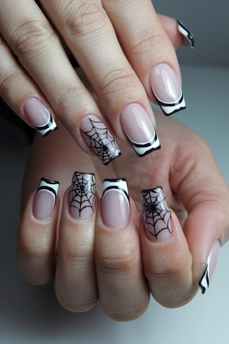 Black French Tips with Spiderweb Lace