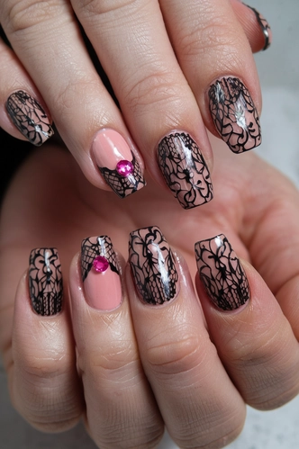 Black Lace Overlay Nail Art