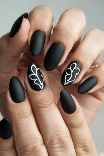 Black Matte Almond Nails with Negative Space