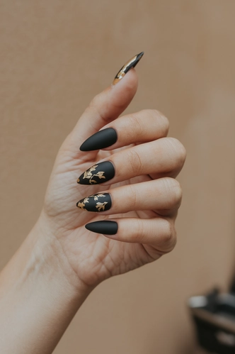 Black Matte Stiletto Press Ons with Gold Accents