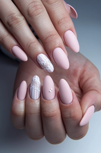 Blush Pink Matte Almond Nails with Lace Details