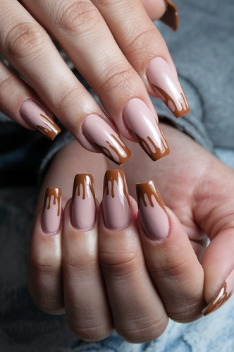 Caramel Drip Coffin Nails