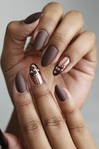 Chocolate Brown Matte Almond Nails with Copper Accents