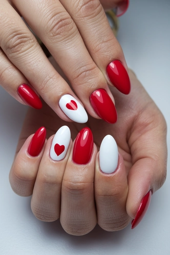 Classic Red Heart Almond Nails with White Base