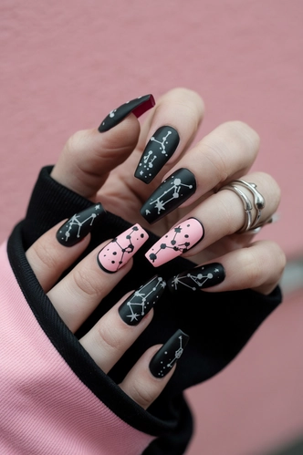 Constellation Themed Black and Pink Coffin Nails