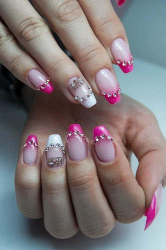 Crystal-Adorned Short Pink Nails