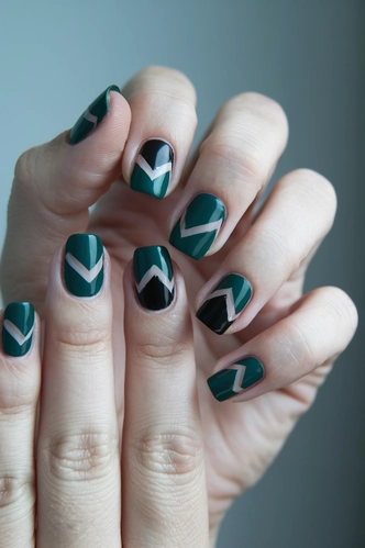 Dark Emerald Geometric Nail Design