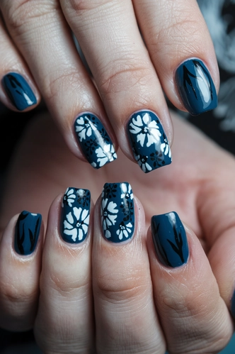 Dark Floral Abstract Nail Design