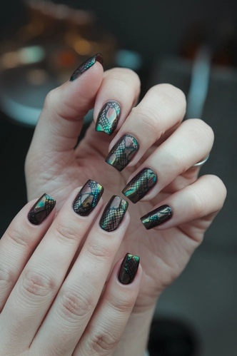 Dark Iridescent Snake Skin Nails