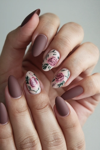 Dusty Rose Matte Almond Nails with Mirror Glaze