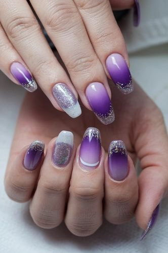 Elegant Purple Ombre Nails with Holographic Glitter