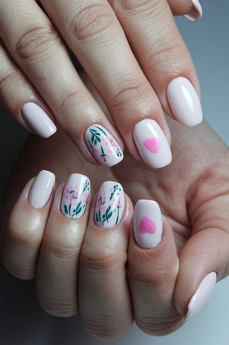 Floral Accent Short Milky Pink Nails