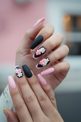 Floral Embellished Black and Pink Coffin Nails