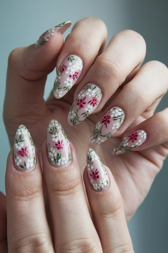 Floral Patterned Stiletto Medium Nails