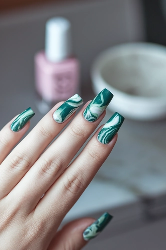 Forest Green Marble Coffin Nails