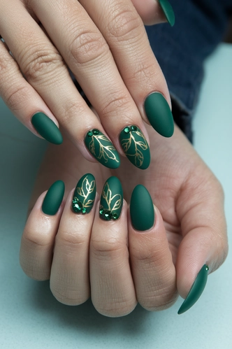 Forest Green Matte Almond Nails with Gold Leaves