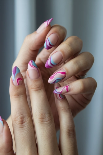 French Matte Almond Tips with Abstract Art