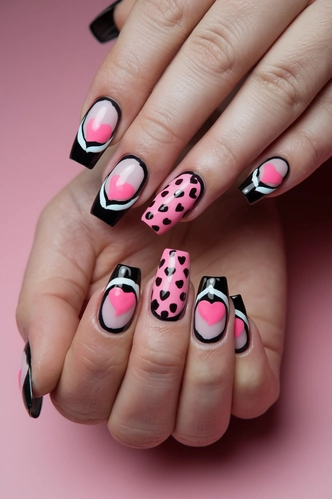 French Tip Black and Pink Coffin Nails