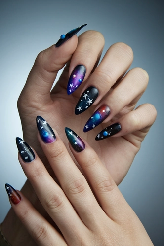 Galaxy-Inspired Dark Stiletto Nails