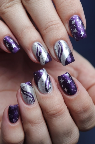 Galaxy-Inspired Purple and Silver Nail Art