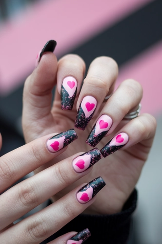 Glitter Accent Black and Pink Coffin Nails