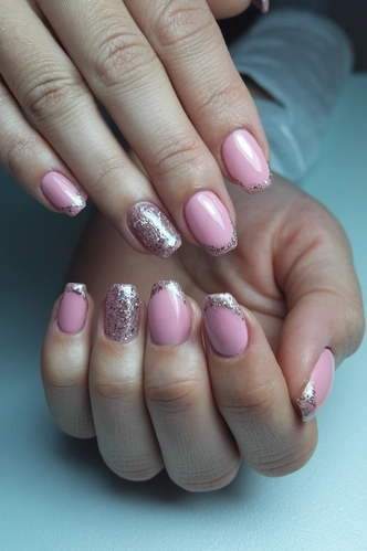 Glitter-Accented Short Pink Manicure