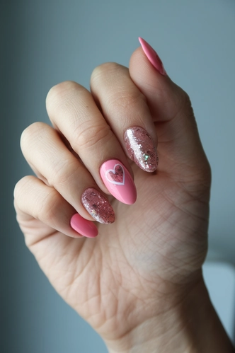 Glitter-Infused Pink Heart Almond Nails