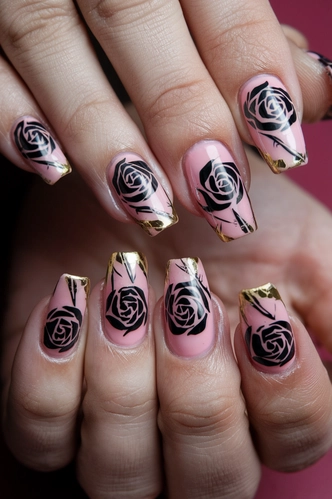 Gothic Rose Gel Nails with Gold Foil Accents