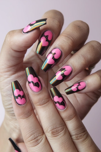 Holographic Black and Pink Coffin Nails