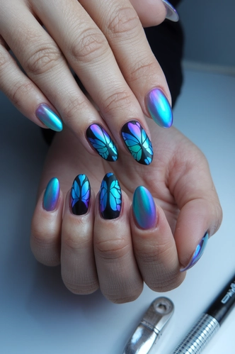 Holographic Butterfly Oval Nails