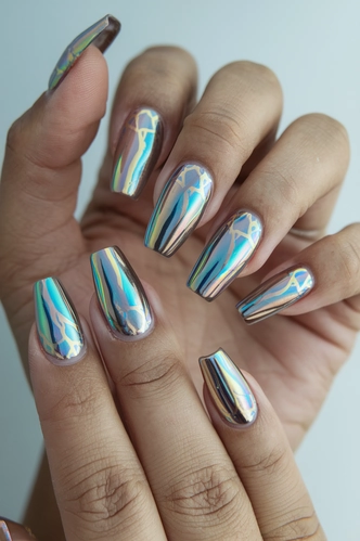 Holographic Chrome Long C Curve Nails