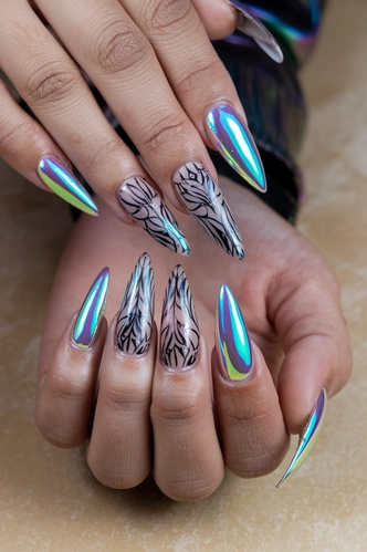 Holographic Chrome Stiletto Nails