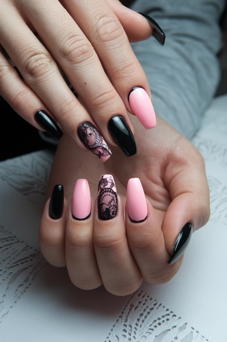 Lace Overlay Black and Pink Coffin Nails