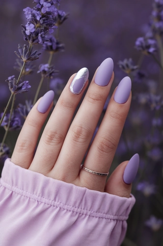 Lavender Matte Almond Nails with Silver Foil