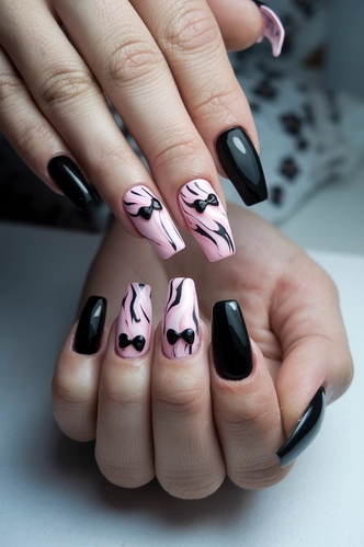 Marble Effect Black and Pink Coffin Nails