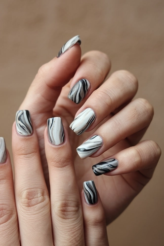 Marble Effect Extra Short Square Nails