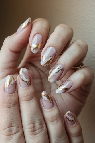 Marble Effect Oval Nails with Gold Foil