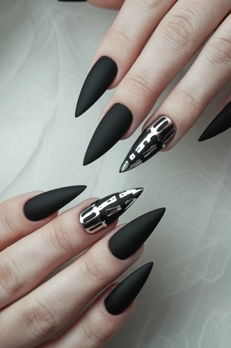 Matte Black Stiletto Nails with Chrome Details