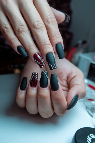 Matte Black Studded Coffin Nails