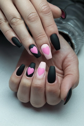 Matte Finish Black and Pink Coffin Nails