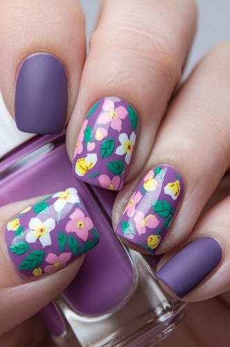 Matte Purple Nails with Glossy Floral Pattern