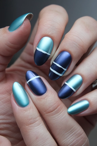 Metallic Color Block Oval Nails