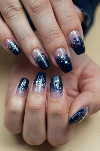 Midnight Blue Glitter Gradient Nails