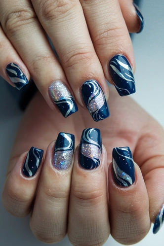 Midnight Galaxy Acrylic Nails with Holographic Glitter