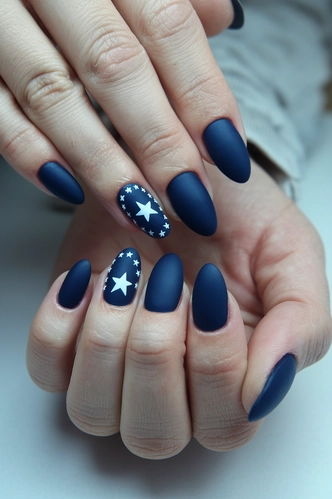 Navy Blue Matte Almond Nails with Star Details