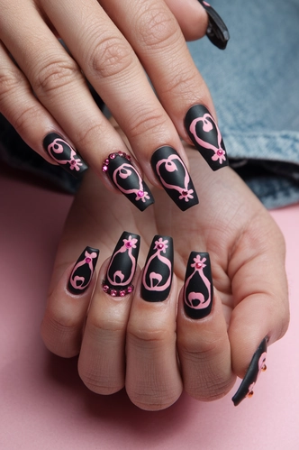 Negative Space Black and Pink Coffin Nails