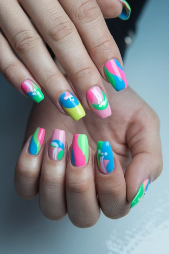 Neon Abstract C Curve Nail Art